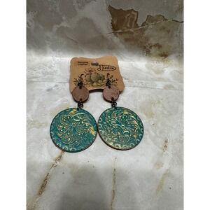 Justin Western Turquoise Embossed Leather Circle Earrings Dangle Drop
